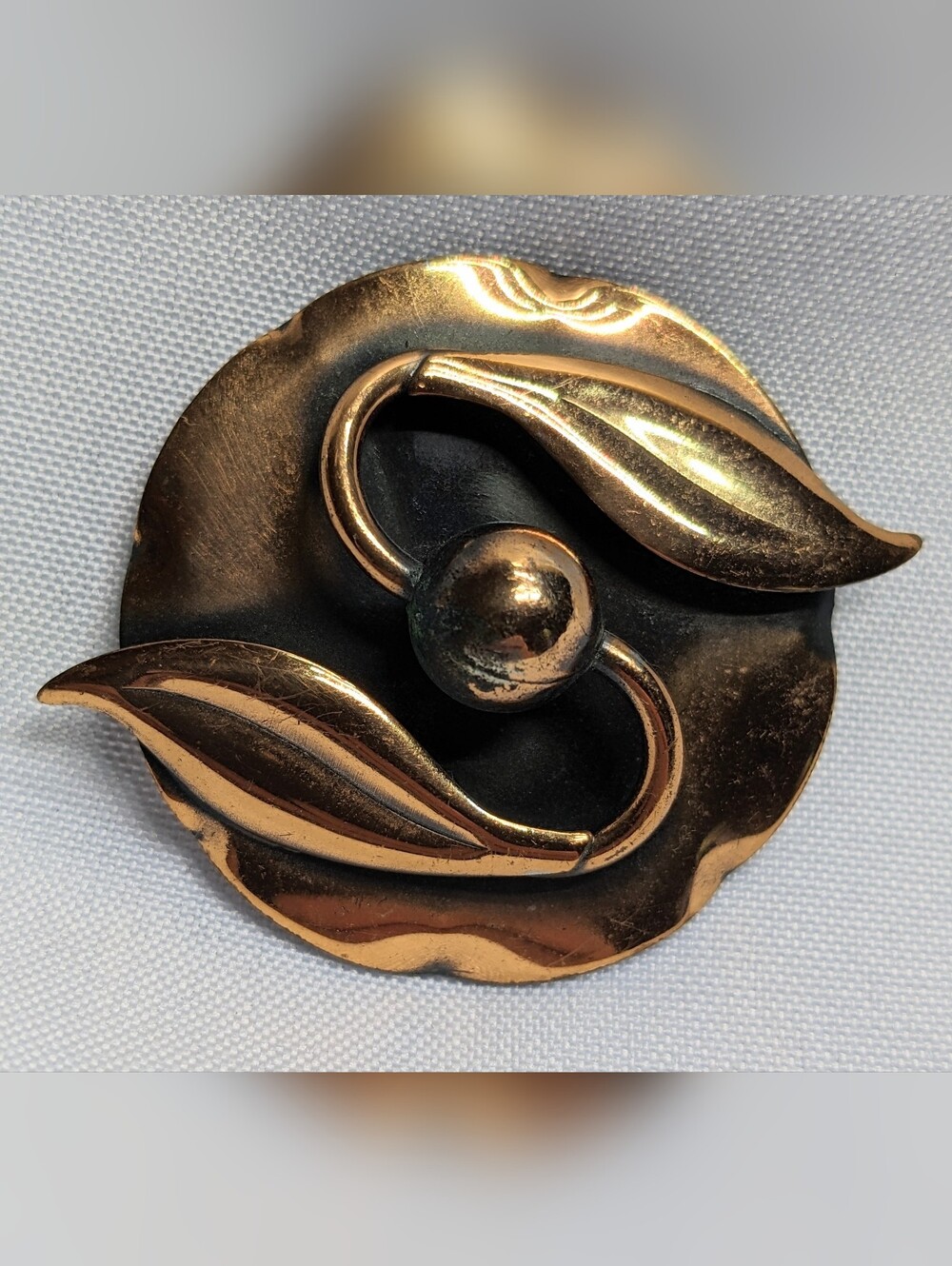 Vintage Mid Mod Copper Brooch/Pendant 3D Leaves W/ Ball On Disk, One-of-a-kind?